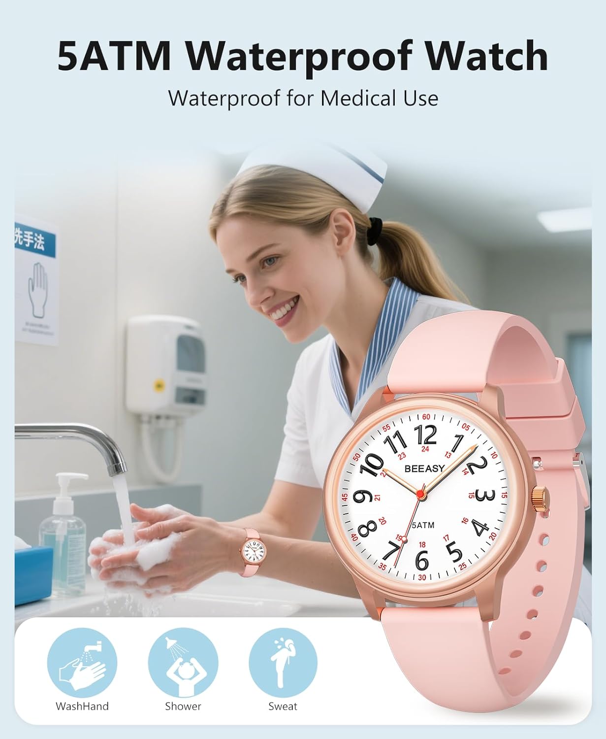 Beeasy Nurse Watch Waterproof for Medical Professionals Students Women Men,Watches with Second Hand Nursing 12/24 Hour, Easy Read Dial and Silicone Band, Military Time Luminouse
