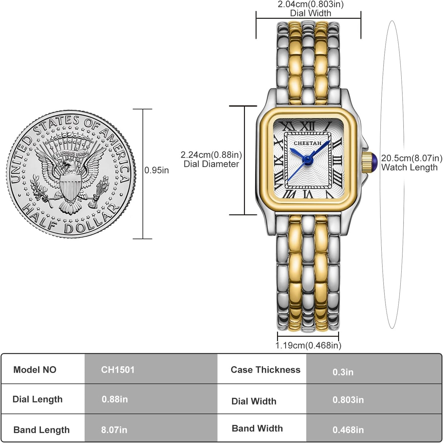 CHEETAH Gold Watches for Women with Small Vintage Bracelet, Rectangular Case Roman Dial